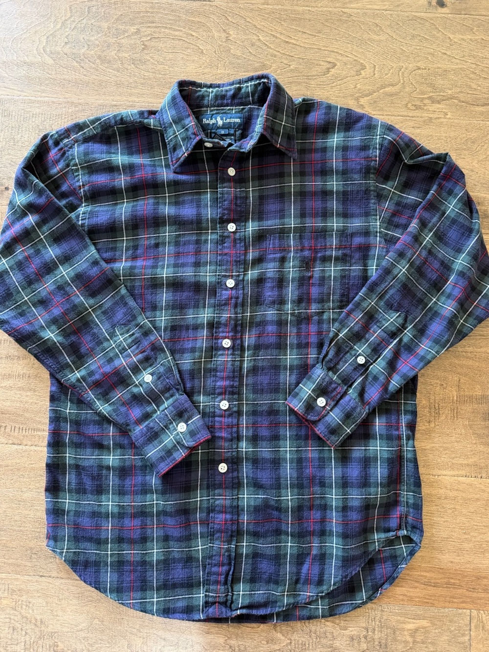Ralph Lauren Navy, Green & Red Plaid, Tartan,  Button-Down Flannel Shirt, Sz 8